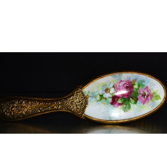 Vintage Hair Brush Gilt Handle Trim Floral Pattern Backing Regency MCM Decor - Picture 4 of 8